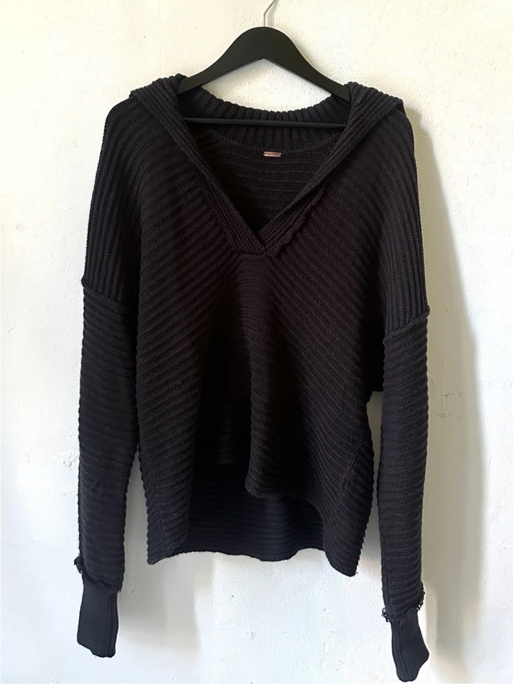 Free People Hooded Sweater Women's XS Black Ribbed V Neck Oversized Boho